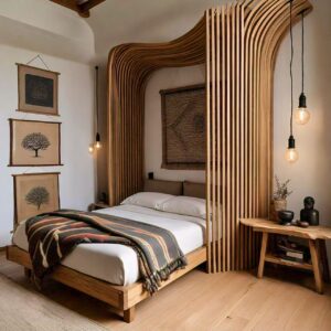 Japandi Bedroom with a Wood Slat Divider