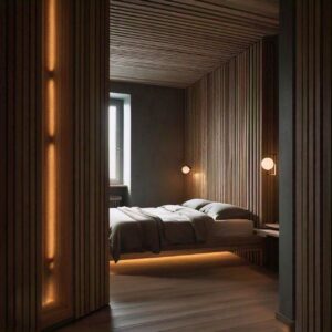 Warm Scandinavian Bedroom with Wood Slat Wall